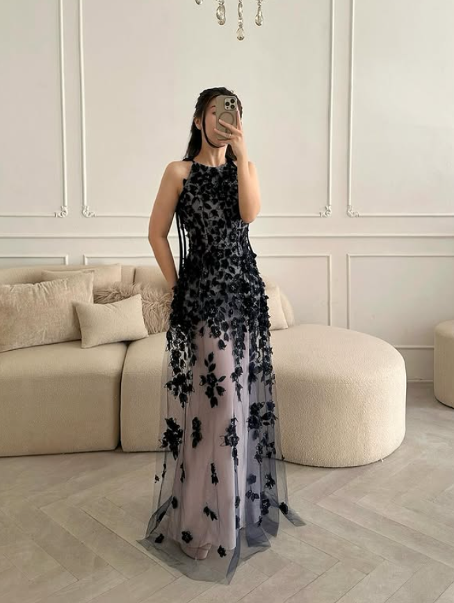 Black A Line Halter Appliques Tulle Prom Dress Evening Dress DP5775