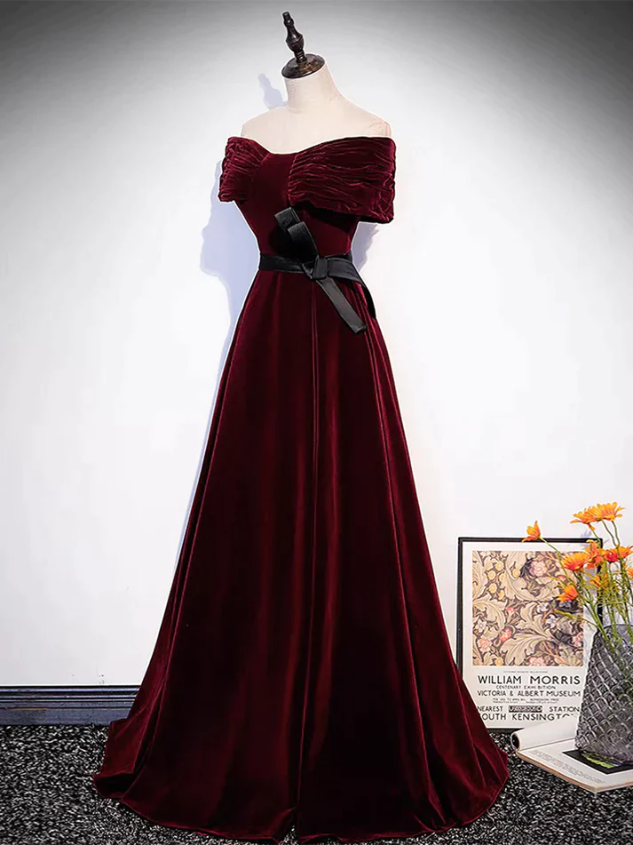 Burgundy Velvet Off The Shoulder Long Evening Dress Prom Dress DP005