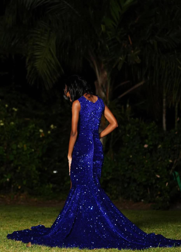 Royal Blue Mermaid Strapless Beaded Sequin Velvet Long Prom Dress with Slit DP5058