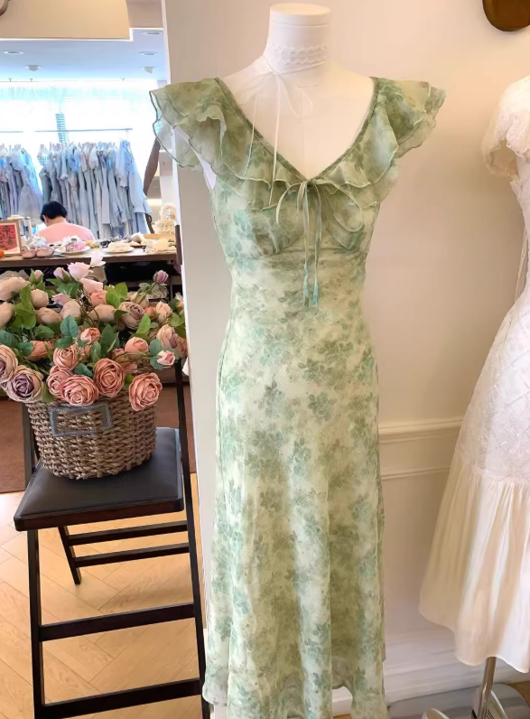 Cute A Line V Neck Print Floral Light Green Chiffon Prom Dress Outfits DP4712