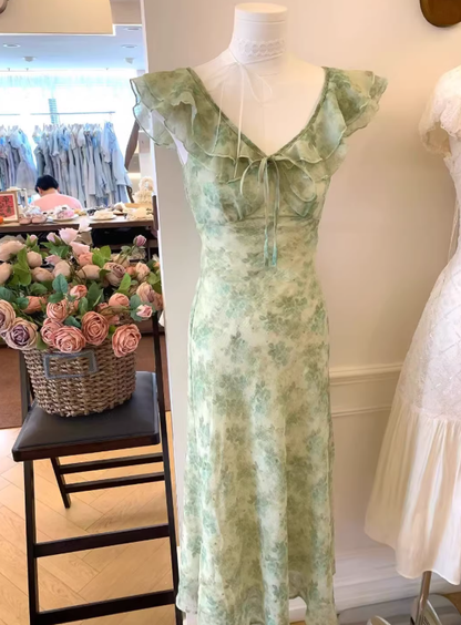 Cute A Line V Neck Print Floral Light Green Chiffon Prom Dress Outfits DP4712
