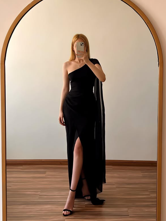 Black Sheath One Shoulder Chiffon Long Prom Dress Evening Dress DP6502