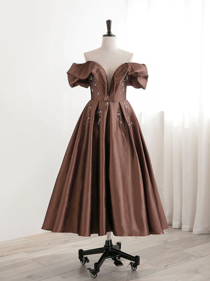 Vintage Tea Length Brown Prom dress Off Shoulder Beaded Homecoming Dress DP081
