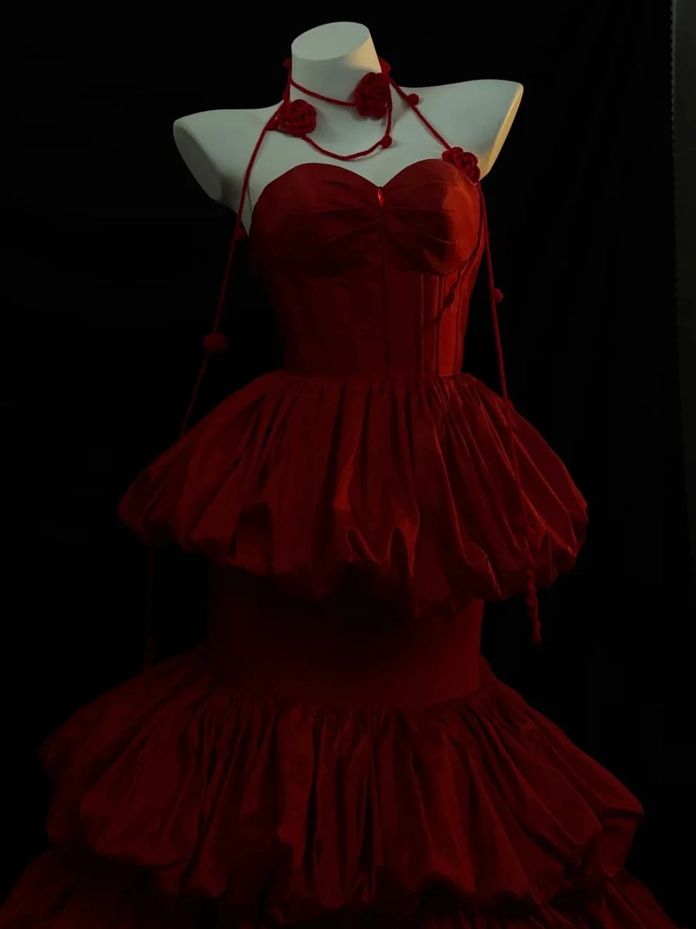 Sexy Mermaid Sweetheart Neck Layered Red Satin Long Prom Dress DP4619