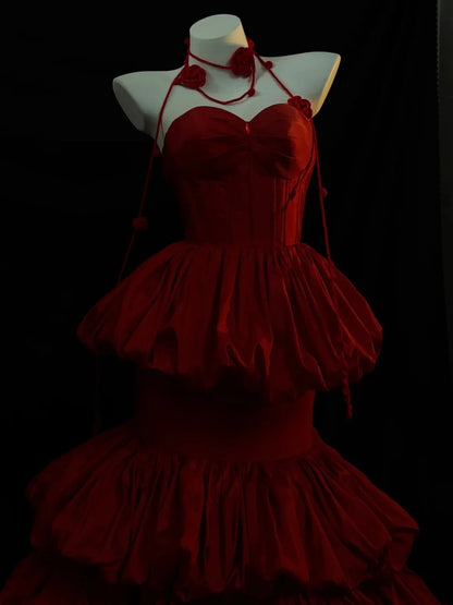 Sexy Mermaid Sweetheart Neck Layered Red Satin Long Prom Dress DP4619