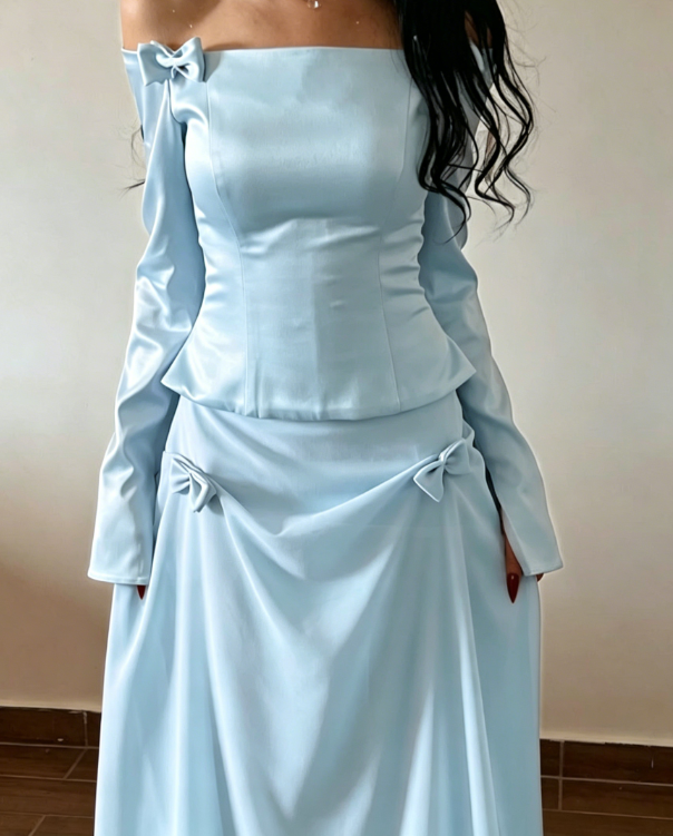 Two Piece Pink Bow A Line Long Sleeve Chiffon Satin Prom Dress 16th Birthday Dress DP3955