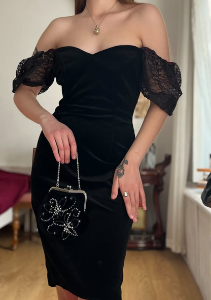 Vintage Sheath Puff Sleeve Black Velvet Knee Length Prom Dress Evening Dress DP5728
