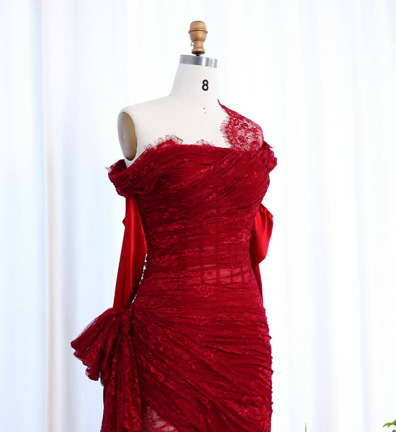 Sexy A Line Long Sleeve Burgundy Lace Prom Dress Evening Dress with Slit DP1914