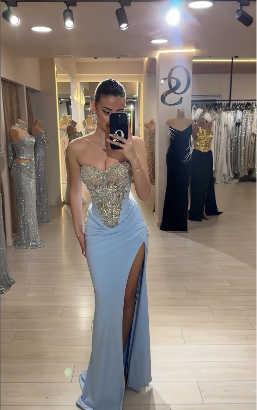 Shiny Sheath Sweetheart Neck Sequin Beaded Blue Satin Prom Dress DP4400