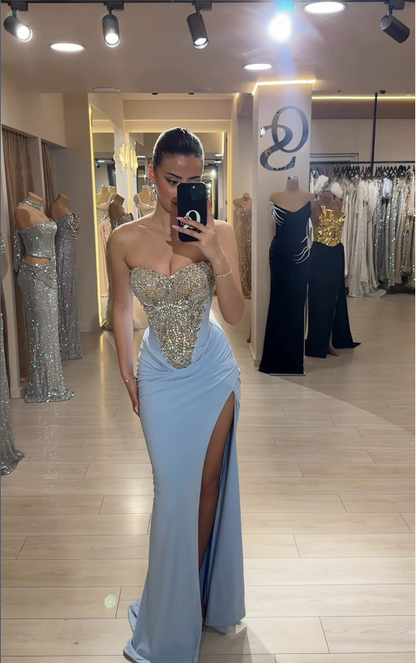 Shiny Sheath Sweetheart Neck Sequin Beaded Blue Satin Prom Dress DP4400