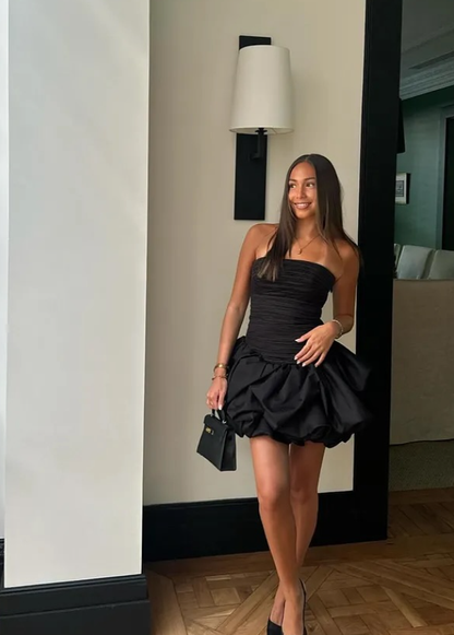 Classic Black A Line Strapless Pleated Satin Short Prom Dress Homecoming Dress DP7462