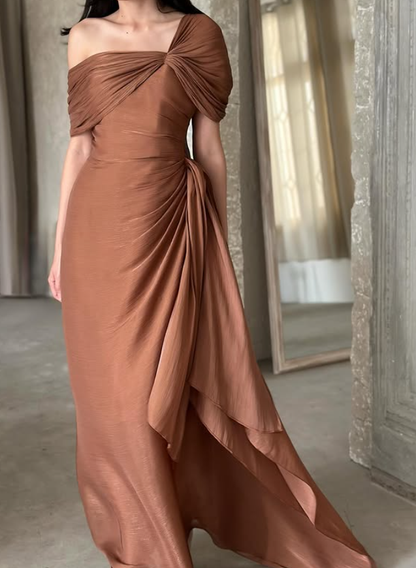 Flowy Brown A Line Satin Long Prom Dress Evening Dress DP6131