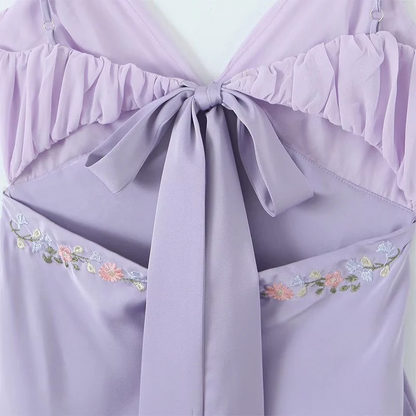 Purple A Line Spaghetti Straps Floral Embroidery Satin Mini Dress Homecoming Dress DP1357