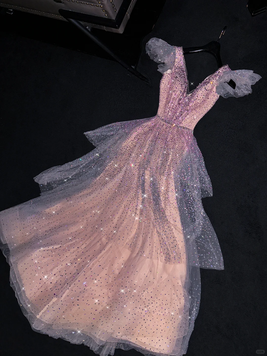 Pink A Line V Neck Tiered Sequin Tulle Prom Dress Graduation Prom Dress DP1977