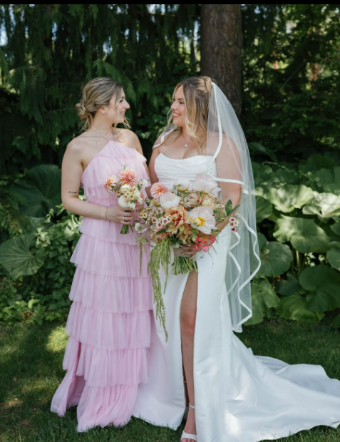 Sweety Pink A Line Halter Layered Tulle Long Bridesmaid Dress with Slit DP4967