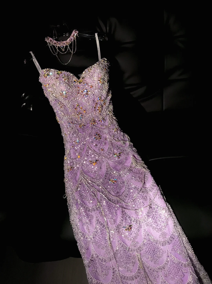 Purple A Line Sweetheart Neck Beaded Sequin Tulle Prom Dress Evening Dress DP2828