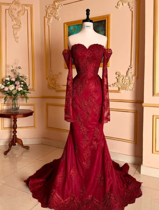 Burgundy Mermaid Sweetheart Neck Long Sleeve Lace Prom Dress Evening Dress DP1673