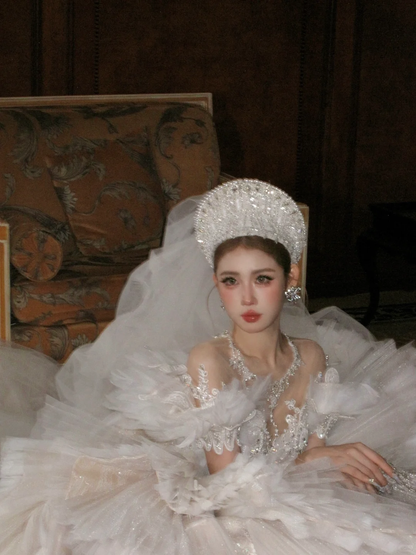 Exquisite Ball Gown Off the Shoulder Beaded Sequin White Tulle Prom Dress Wedding Dress DP4243