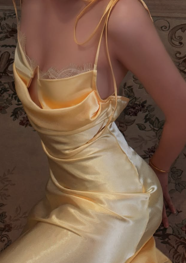 Yellow A Line Spaghetti Strap Lace Satin Prom Dress Evening Dress DP7950