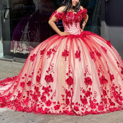 Beautiful Red Off The Shoulder 3D Flowers Sweet 16 Ball Gown Quinceanera Dress DP691