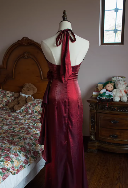 Pretty Burgundy Mermaid Halter Floral Satin Long Prom Dress Outfits DP4699