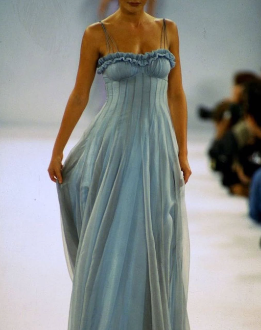 Charming A Line Spaghetti Strap Blue Chiffon Long Prom Dress Evening Dress DP2010