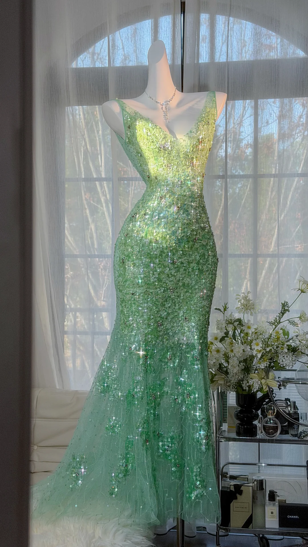 Green Fairy Mermaid V Neck Shiny Sequin Beaded Tulle Backless Graduation Prom Dress DP4942