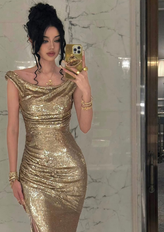 Shiny Golden Sheath Off the Shoulder Sequin Prom Dress Party Dress Formal Dress with Slit DP3485