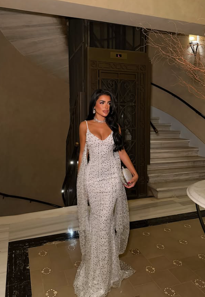 Shiny White Mermaid Spaghetti Strap Sequin Tulle Long Prom Dress Evening Dress DP8179