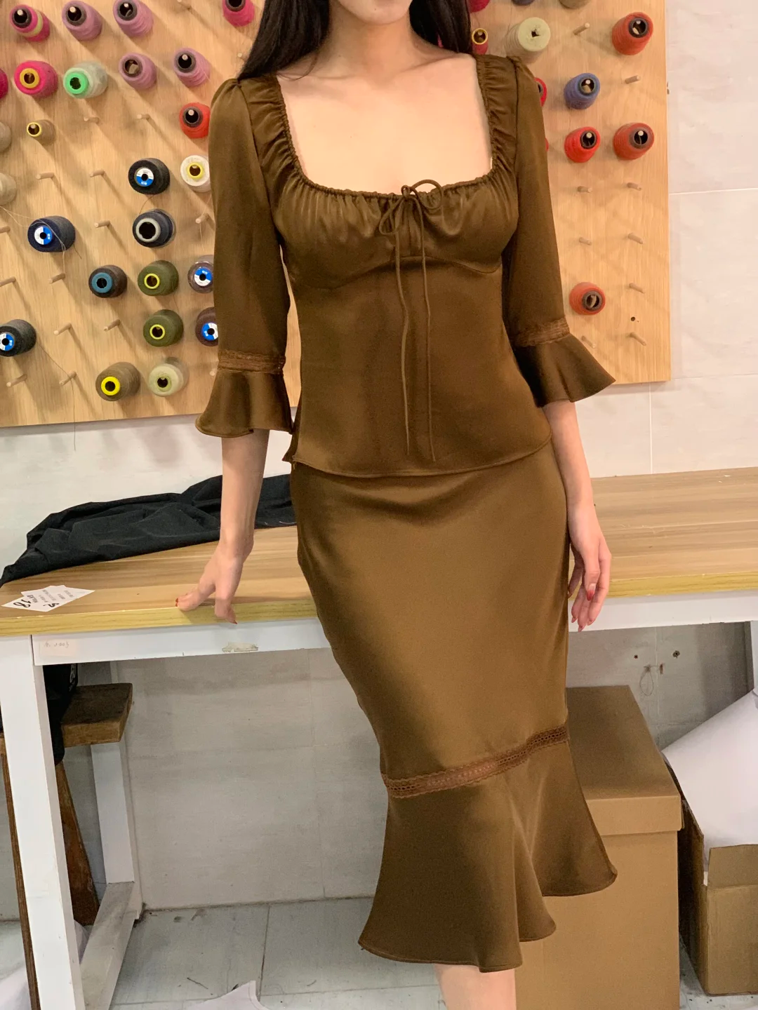 Two Piece Mermaid Long Sleeve Brown Satin Short Homecoming Dress Outfits DP4817