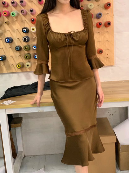 Two Piece Mermaid Long Sleeve Brown Satin Short Homecoming Dress Outfits DP4817