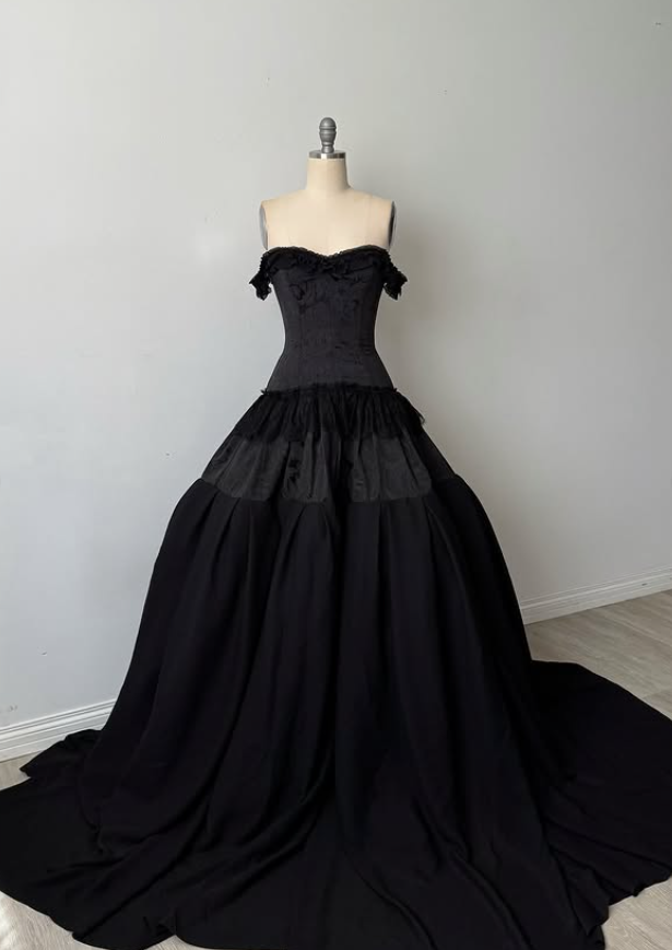 Black Ball Gown Off the Shoulder Satin Lace Prom Dress 16th Birthday Dress DP4281