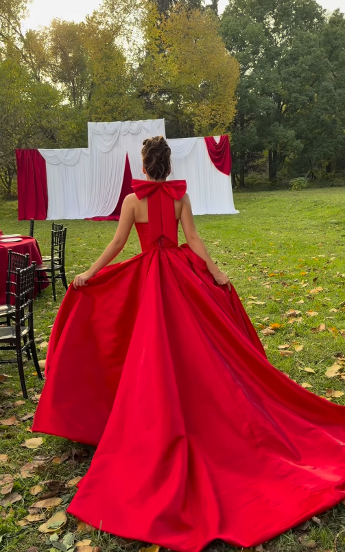 Red Ball Gown Halter Bow Satin Long Sweep Backless Prom Dress Birthday Party Dress DP4911