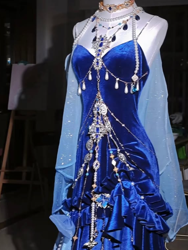 Stunning Blue Mermaid Spaghetti Strap Ruffle Velvet Prom Dress DP4157(Accessories not included)