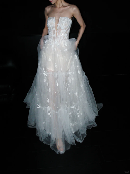 New A Line Strapless White Appliques Tulle Long Wedding Dress DP8082