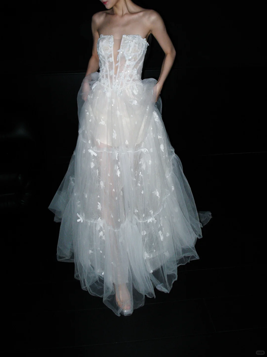 New A Line Strapless White Appliques Tulle Long Wedding Dress DP8082