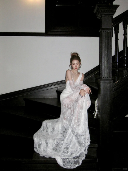 Elegant Mermaid Strap White Lace Long Sweep Party Dress Prom Dress DP2532