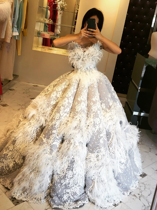 Stunning Ball Gown Strapless White Lace Feather Tulle Long Prom Dress Evening Dress DP6067