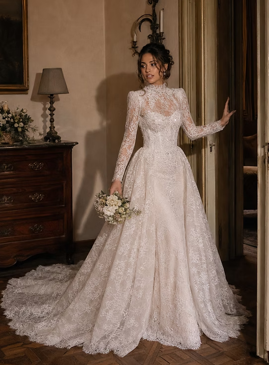 Shiny A Line Long Sleeve High Neck White Lace Long Train Wedding Dress DP7983