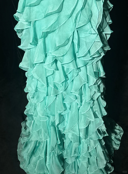 Retro A Line Halter Beaded Ruffle Blue Chiffon Prom Dress Party Dress DP2773
