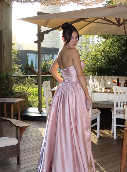Cute Pink A Line Strapless Satin Long Prom Dress Evening Dress DP6223