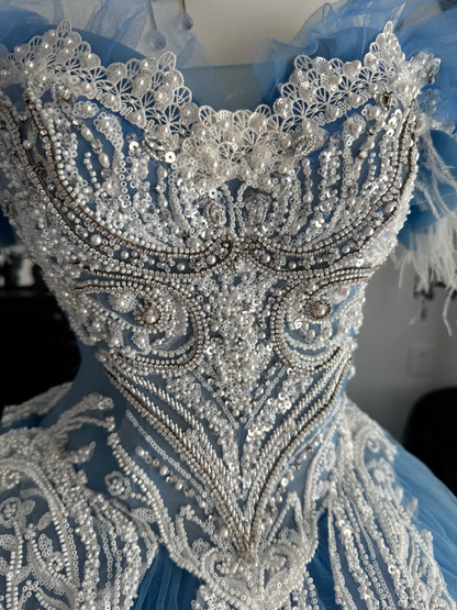 Blue Ball Gown Off the Shoulder Feather Beaded Tulle Prom Dress Quinceanera Dress DP6956