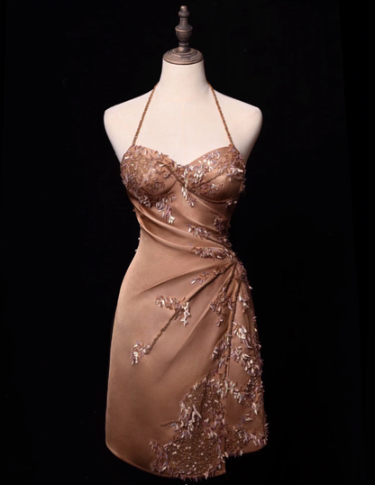 Vintage Brown A Line Straps Beaded Sequin Satin Short Homecoming Dress DP4469