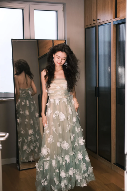 Gentle A Line Strapless White Flower Green Tulle Prom Dress Evening Dress DP2465