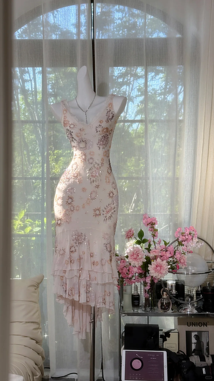 Gentle Vintage Light Apricot Sheath Beaded Layered Chiffon Tea Length Prom Dress DP4949