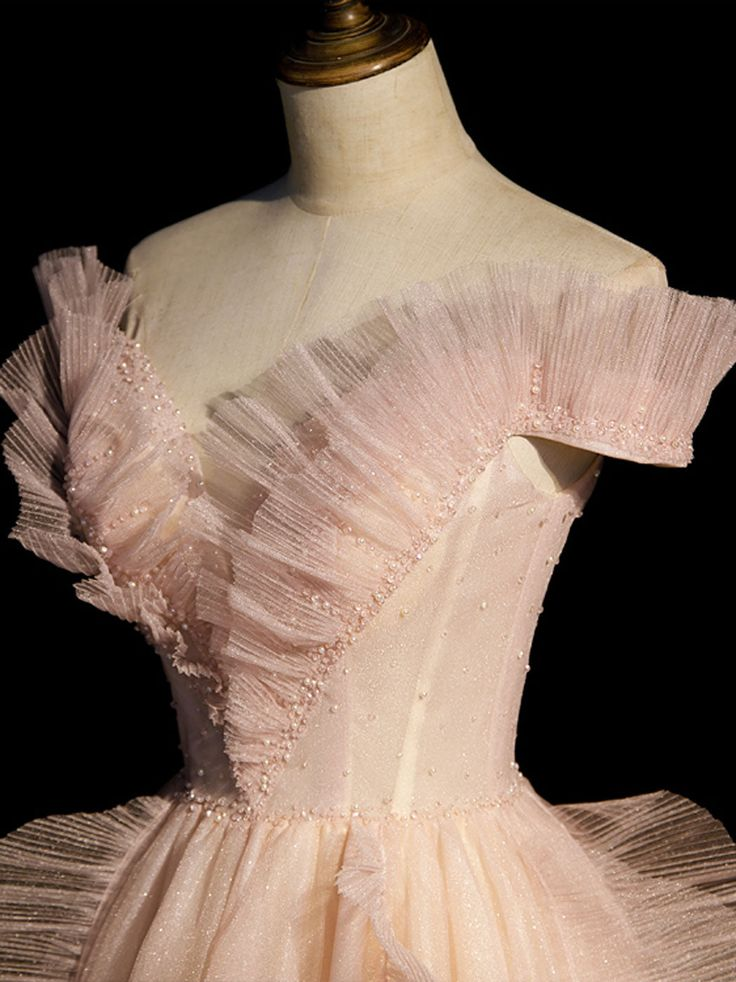 Pink V Neck Ruffles Tulle Beaded Prom Dress Off The Shoulder Evening Dress DP401