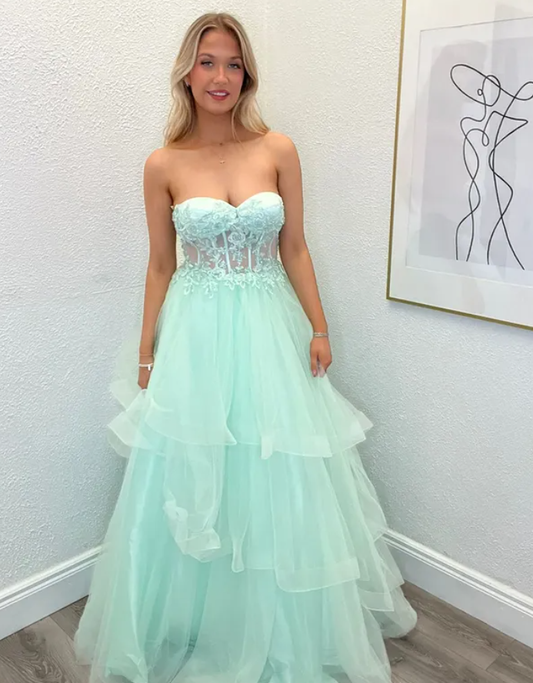 Mint Green A Line Strapless Lace Applique Tulle Prom Dress Evening Dress DP6355