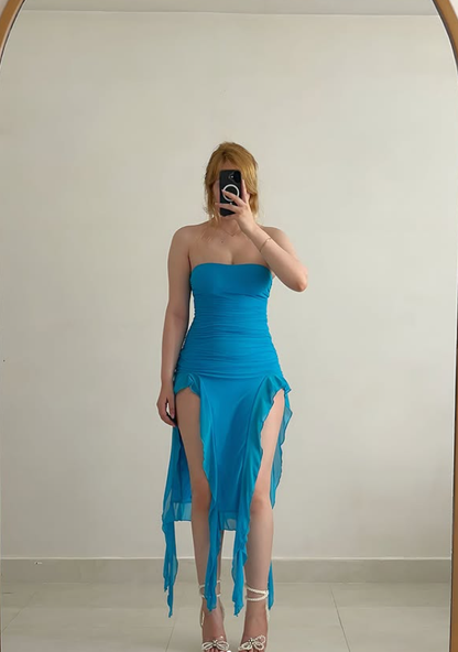 Unique A Line Strapless Ruffle Chiffon Prom Dress Evening Dress with Slit DP6144