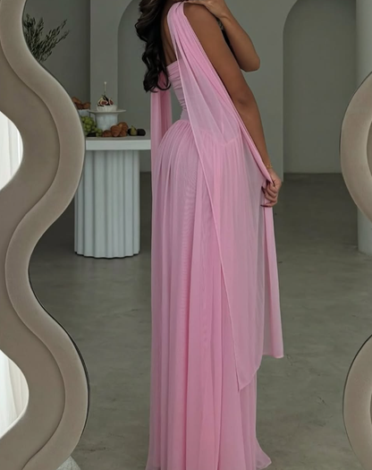 Romantic Pink A Line Sweetheart Neck Tulle Long Prom Dress Evening Dress DP7467