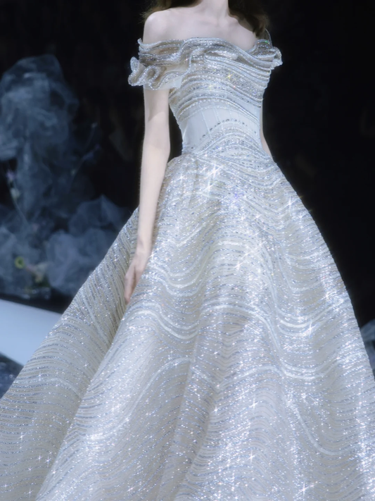 Shiny A Line Off the Shoulder Silver Sequin Tulle Long Prom Dress DP2841